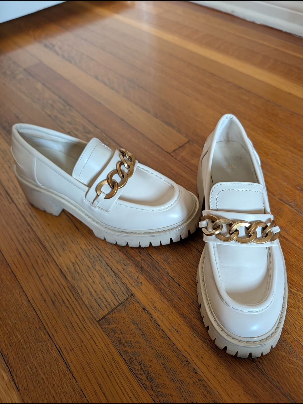 Zara Women's White Chunky Loafers with Gold Chain-Size 40